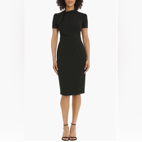NEW! Maggy London Tie Neck Puff Sleeve Scuba Crepe Dress - Picture 1 of 9